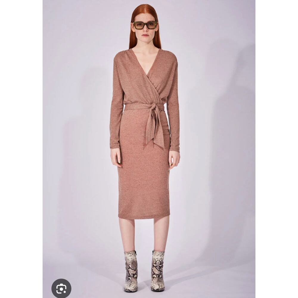 Eve Gravel Long Sleeve Faux Wrap Midi Dress Green Size S Silk Blend Minimalist - Picture 3 of 10